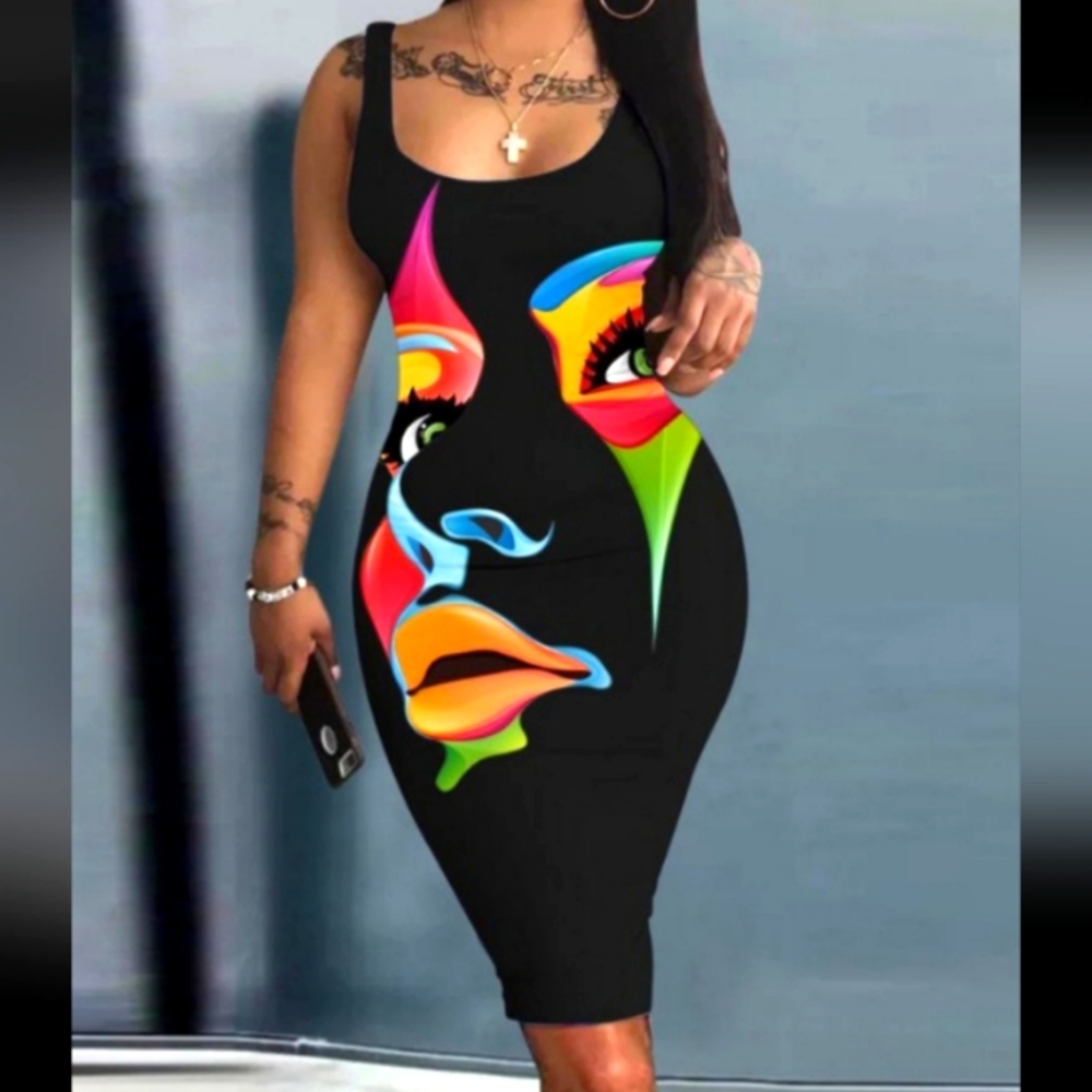 Rainbow abstract face bodycon dress in black